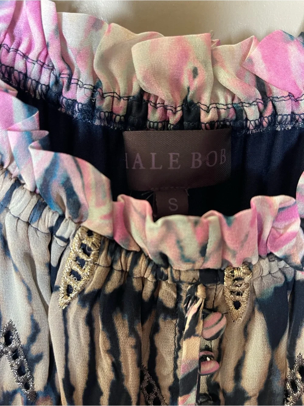 Hale Bob Pink, Navy & Cream Off-Shoulder Peasant Blouse Sz S